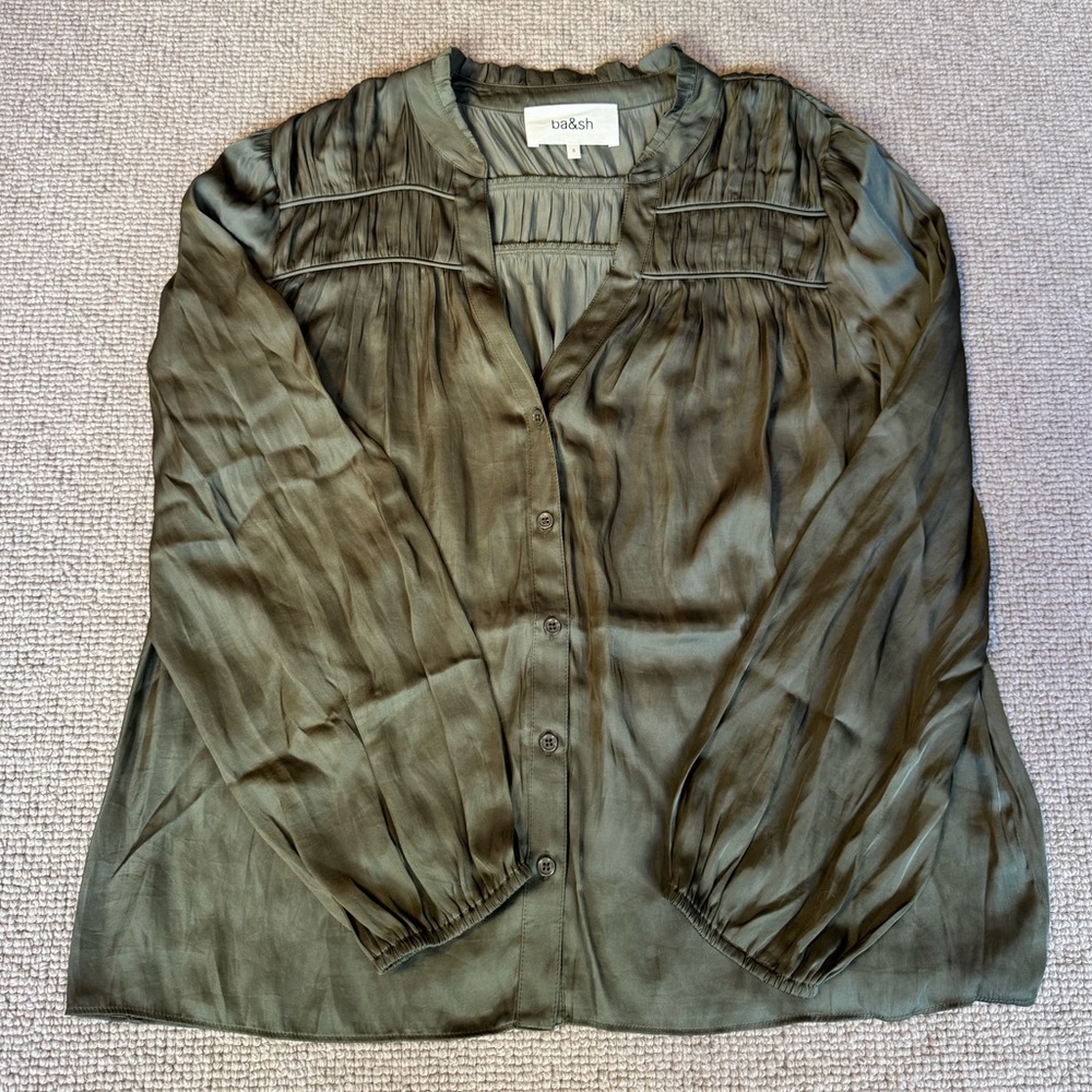 ba&sh Olive Green Satin Button-Down Blouse